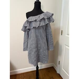 Adelyn Rae Gingham One Shoulder Ruffle Dress in Blue/White Checkered Pattern